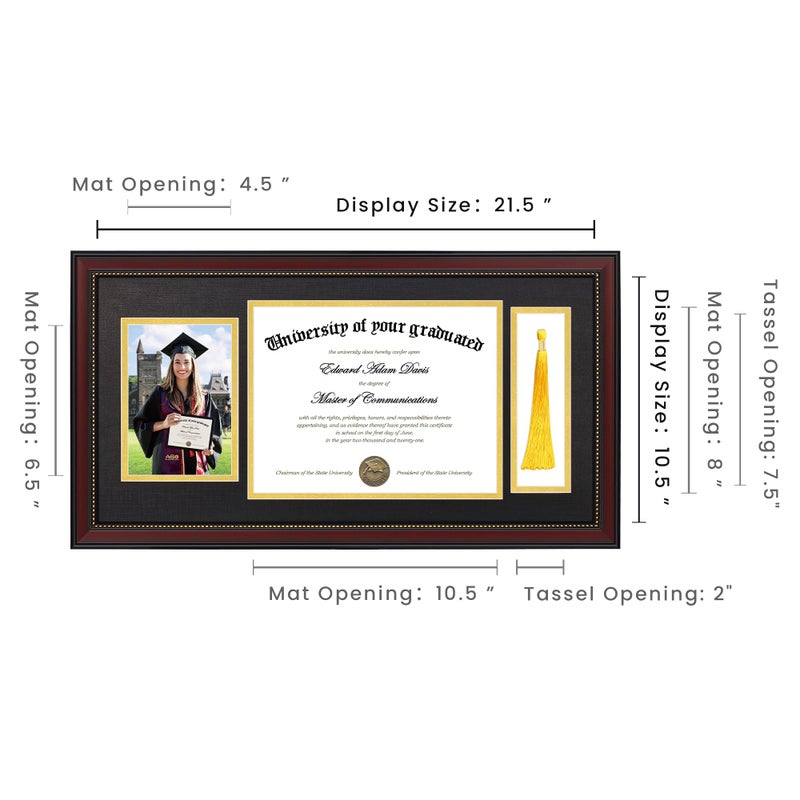 upsimples 11x22 Diploma Frame with Tassel Holder for 8.5x11 Certificate and 5x7 Photo with Black over Gold Mat, High Definition Glass, Mahogany with Gold Beads, 1 Pack - Image 5