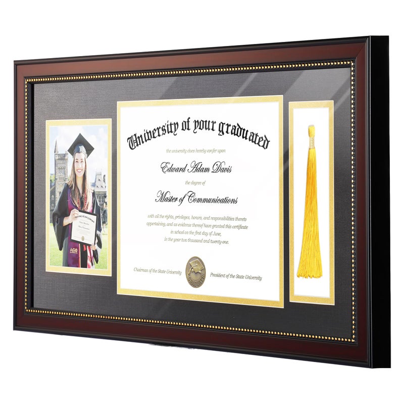 upsimples 11x22 Diploma Frame with Tassel Holder for 8.5x11 Certificate and 5x7 Photo with Black over Gold Mat, High Definition Glass, Mahogany with Gold Beads, 1 Pack - Image 4