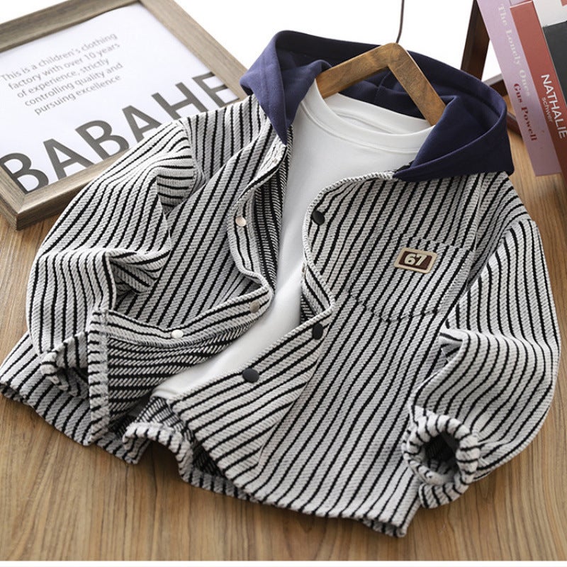 Children'S Autumn Jacket New Style Boys' Stripesd Hooded Tops 2025 Spring & Fall Style Long-Sleeved Shirts For Boys Durable - Image 1