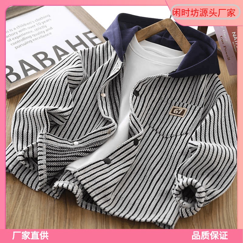 Children'S Autumn Jacket New Style Boys' Stripesd Hooded Tops 2025 Spring & Fall Style Long-Sleeved Shirts For Boys Durable - Image 3