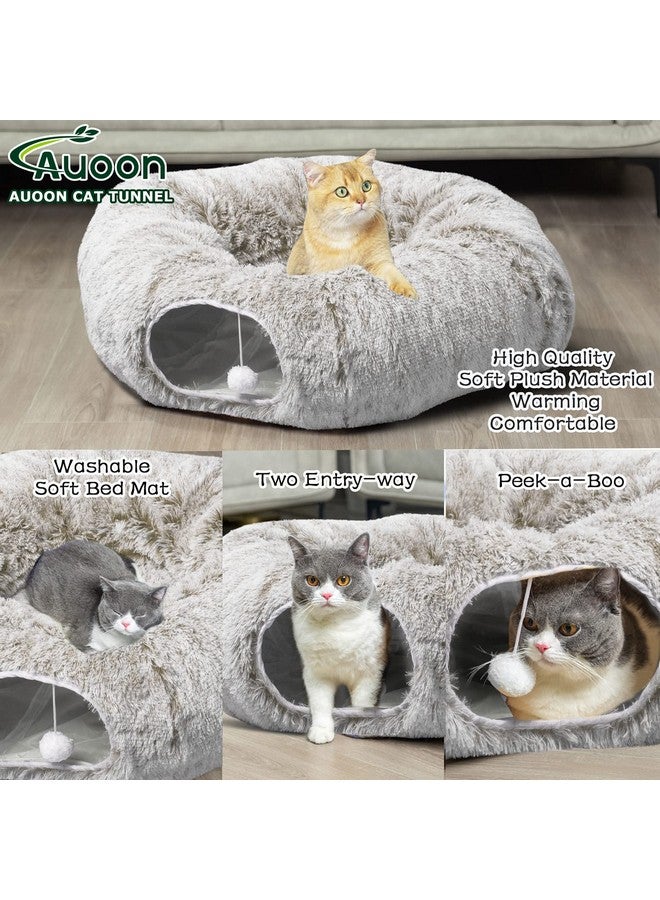 أون سرير نفق للقطط من AUOON مع حصيرة مركزية، ألعاب ملعب أنبوبية كبيرة، مادة قطيفة ناعمة، شكل قمر كامل للقطط الصغيرة والقطط والجرو والأرانب والنمس (كاكي) - Image 3