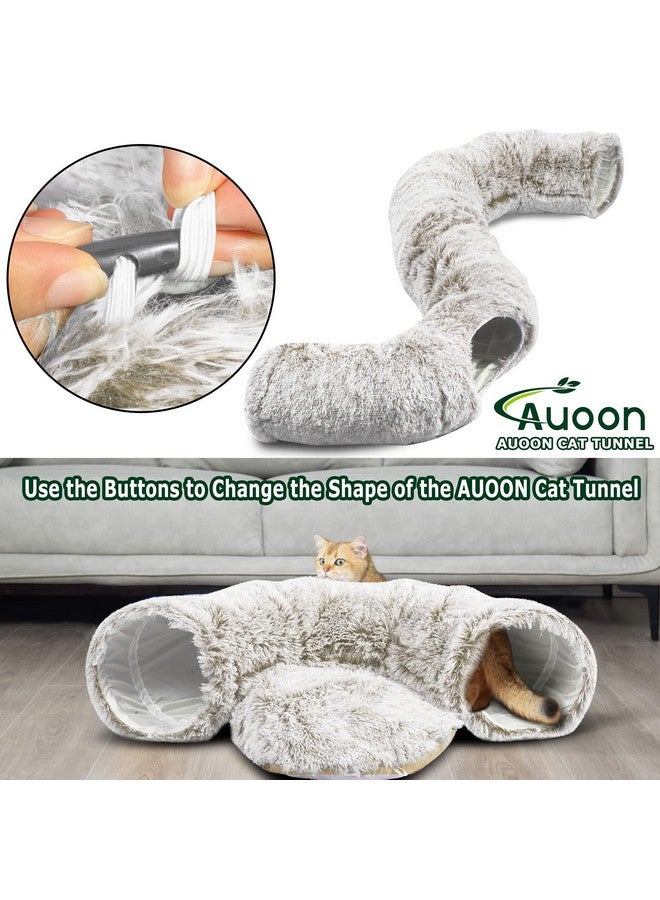 أون سرير نفق للقطط من AUOON مع حصيرة مركزية، ألعاب ملعب أنبوبية كبيرة، مادة قطيفة ناعمة، شكل قمر كامل للقطط الصغيرة والقطط والجرو والأرانب والنمس (كاكي) - Image 1