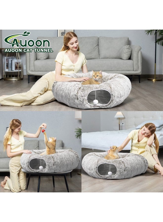 أون سرير نفق للقطط من AUOON مع حصيرة مركزية، ألعاب ملعب أنبوبية كبيرة، مادة قطيفة ناعمة، شكل قمر كامل للقطط الصغيرة والقطط والجرو والأرانب والنمس (كاكي) - Image 2