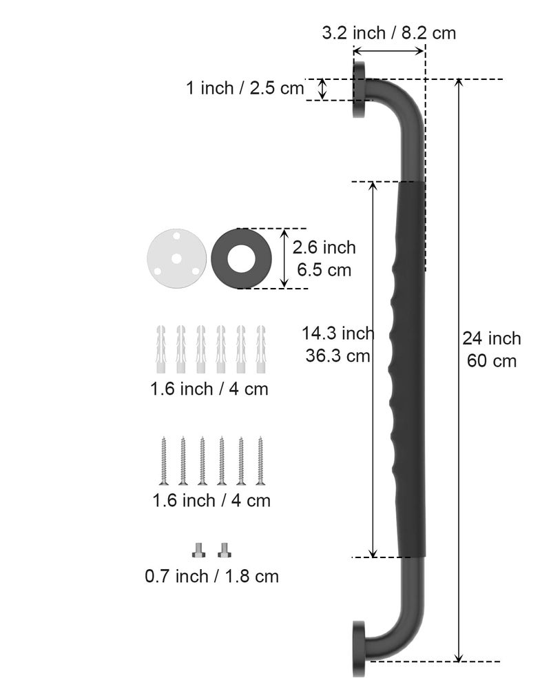 Munzong 24 Inch Black Shower Grab Bar w/Anti Slip Rubber Grip, Munzong 2 Pack Stainless Steel Bathroom Grab Bar, Bathroom Balance Bar,Safety Handrail Support,Handicap Injury Elderly Senior Assist Bath Handle - Image 2