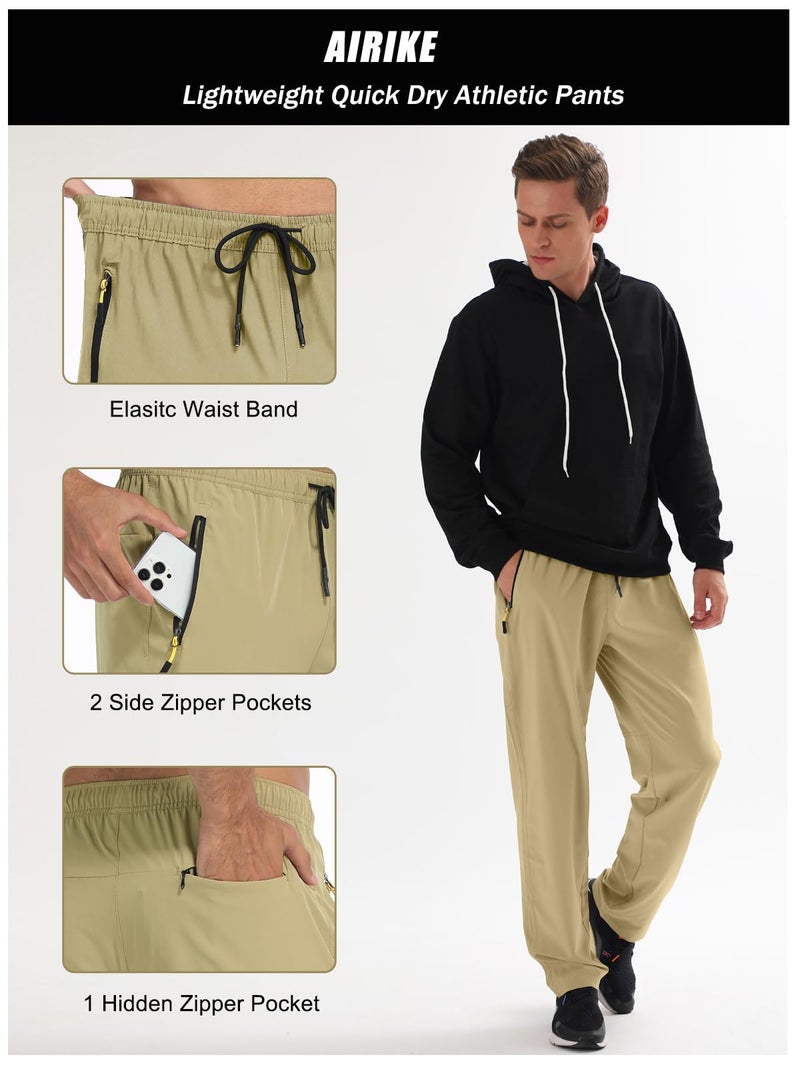 AIRIKE Men's Elastic Waist Hiking Pants Water Resistant Quick-Dry Lightweight Outdoor Sweatpants with Zipper Pockets Khaki - Image 3