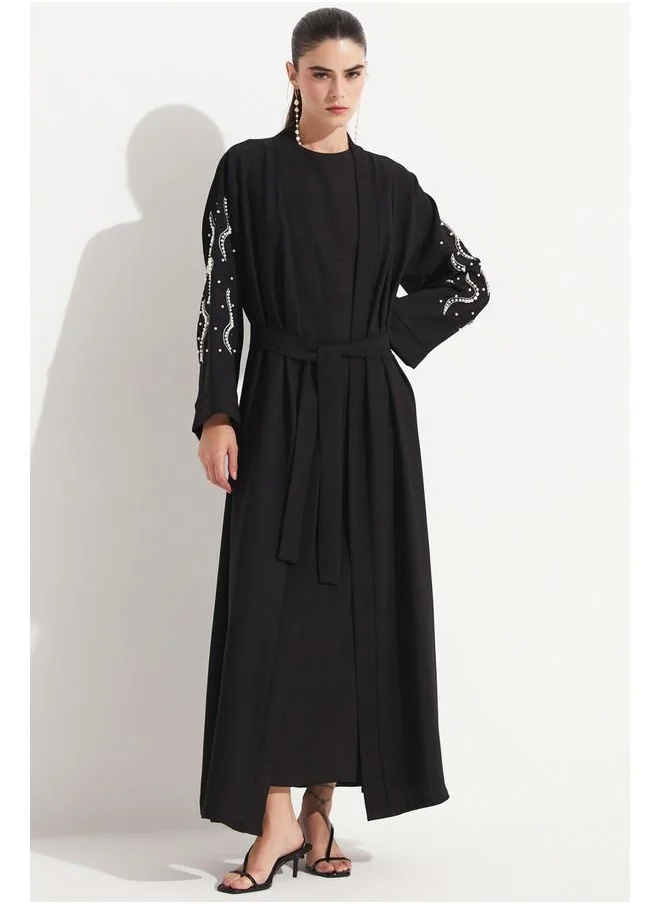 JUNE June Stone Detailed Flowy Abaya Black