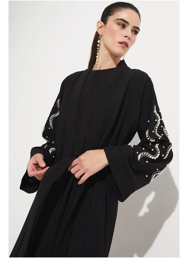 JUNE June Stone Detailed Flowy Abaya Black