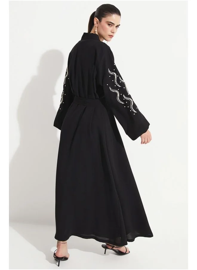 JUNE June Stone Detailed Flowy Abaya Black
