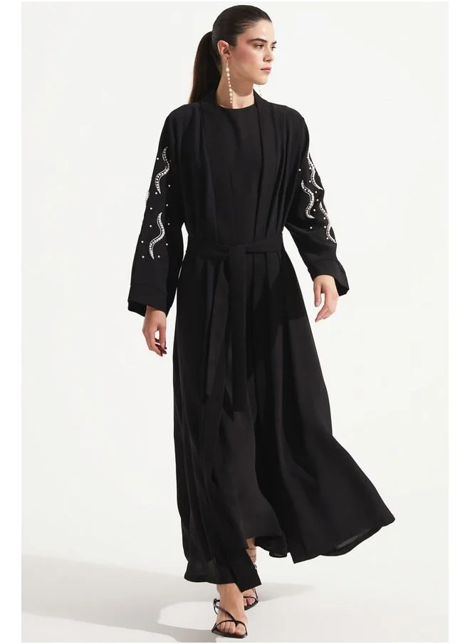 JUNE June Stone Detailed Flowy Abaya Black