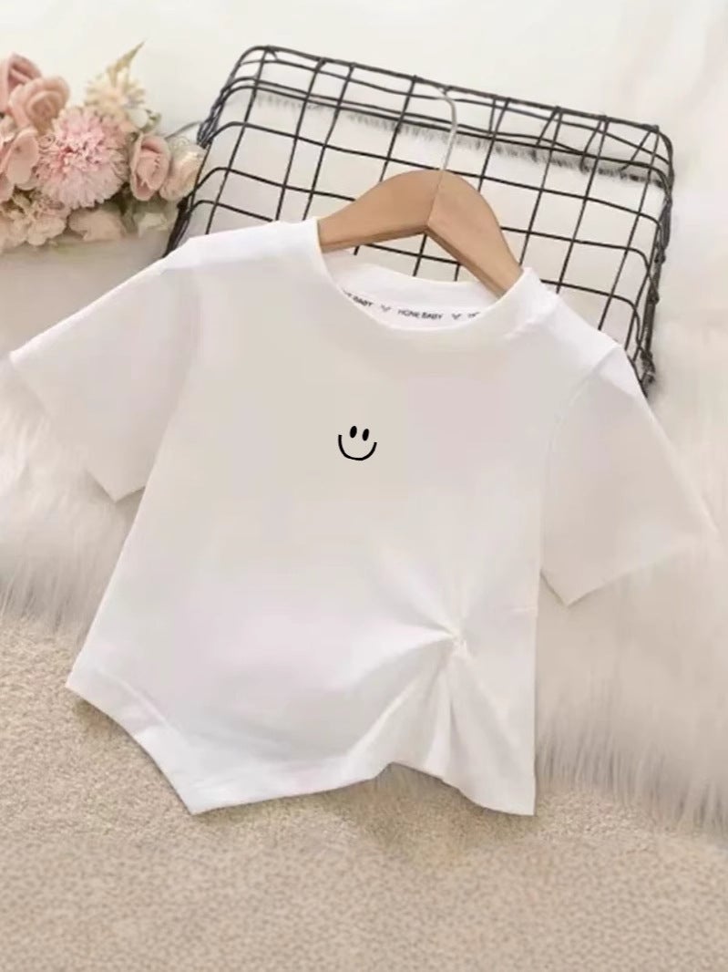 Girls' Short-Sleeved T-Shirt Summer Clothes Irregular Children'S Pleated Top Clothes Middle And Big Children'S Girls Base Shirt - Image 5