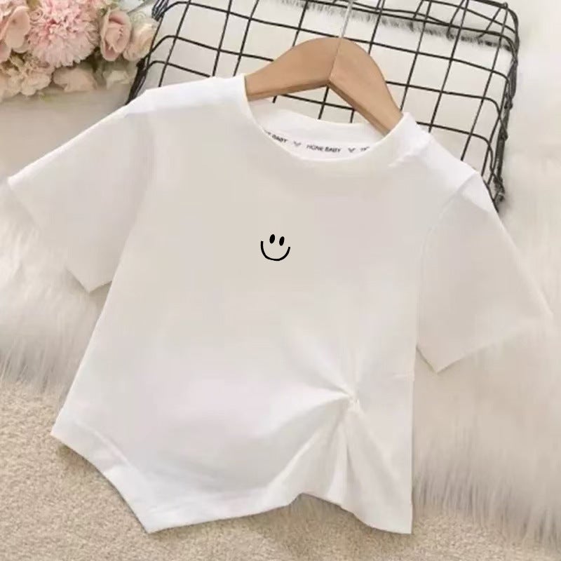 Girls' Short-Sleeved T-Shirt Summer Clothes Irregular Children'S Pleated Top Clothes Middle And Big Children'S Girls Base Shirt - Image 1