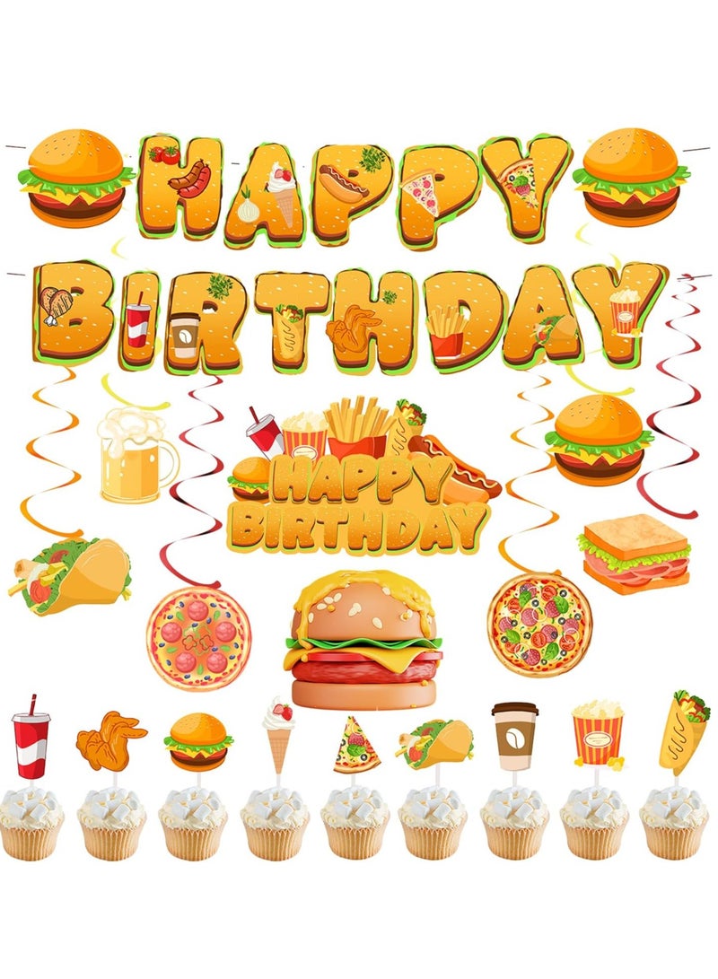 32pcs Fast Food Party Decorations French Fries Pizza Hamburger Fried Chicken Hot Dog Party Supplies Birthday Banner Coke Balloons French Fries Cake Topper Coffee Cupcake Toppers - Image 1
