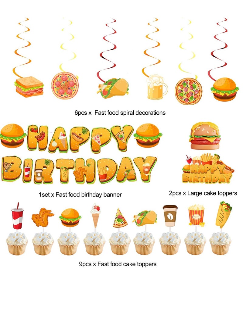 32pcs Fast Food Party Decorations French Fries Pizza Hamburger Fried Chicken Hot Dog Party Supplies Birthday Banner Coke Balloons French Fries Cake Topper Coffee Cupcake Toppers - Image 2