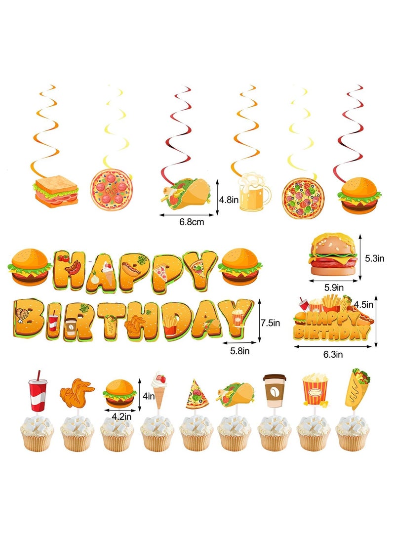 32pcs Fast Food Party Decorations French Fries Pizza Hamburger Fried Chicken Hot Dog Party Supplies Birthday Banner Coke Balloons French Fries Cake Topper Coffee Cupcake Toppers - Image 3