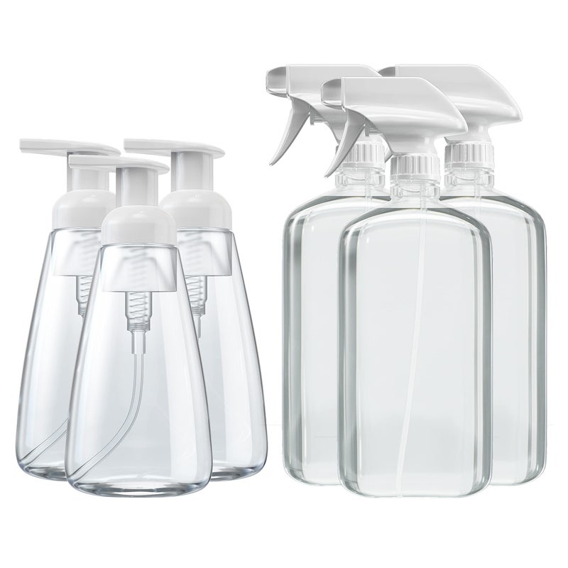 Clean Revolution Clean Revolution Reusable Packaging Kit | 3 Plastic Trigger Spray Bottles + 3 Foaming Hand Soap Bottles, Total 6 Count (Pack of 1), Clear (CR-RPK-318315-EMPTY)  - Image 1