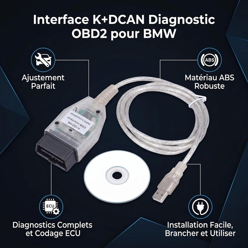 كينسو كابل أداة تشخيص السيارات K+DCAN OBD2 USB بواجهة كابلية مزود بمفتاح للاستبدال، مناسب للسلسلة 1 E81 E82 E87 E88 للفترة 2004–2007.03 - Image 4