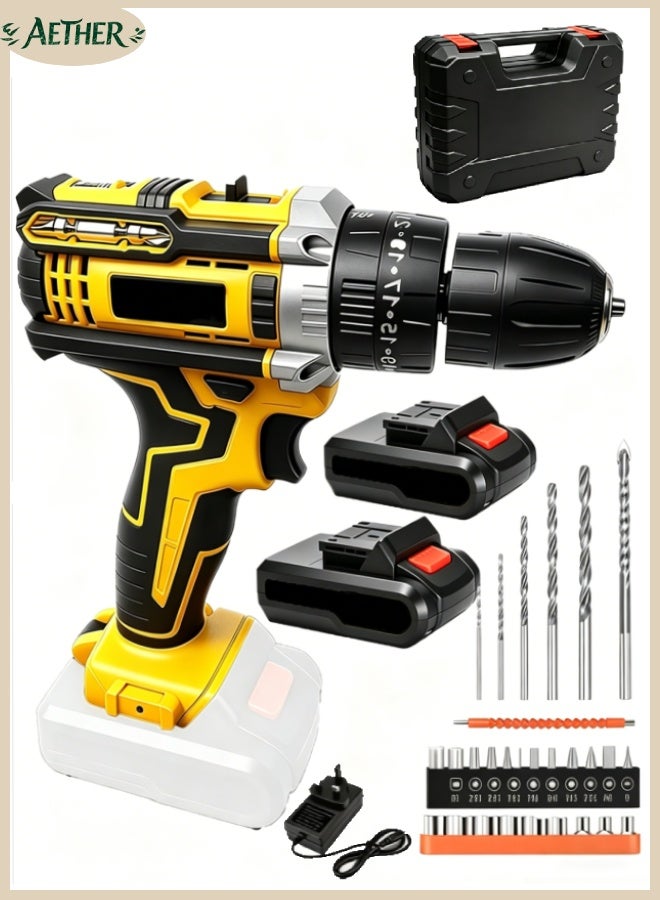 AETHER 48V Cordless Drill, Two Li-Ion Batteries and Fast Charger, 3/8" Drill Kit, 25+3 Position Clutch, LED Work Light, Variable Speed ​​Drill, 186 lbs of Torque, 24 Accessories + 32-Piece Drill Bit Box - Image 1