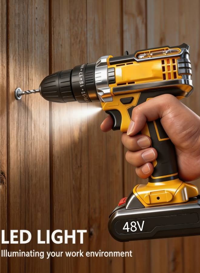 AETHER 48V Cordless Drill, Two Li-Ion Batteries and Fast Charger, 3/8" Drill Kit, 25+3 Position Clutch, LED Work Light, Variable Speed ​​Drill, 186 lbs of Torque, 24 Accessories + 32-Piece Drill Bit Box - Image 2