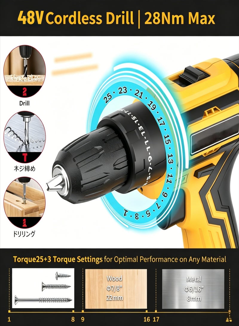 AETHER 48V Cordless Drill, Two Li-Ion Batteries and Fast Charger, 3/8" Drill Kit, 25+3 Position Clutch, LED Work Light, Variable Speed ​​Drill, 186 lbs of Torque, 24 Accessories + 32-Piece Drill Bit Box - Image 4