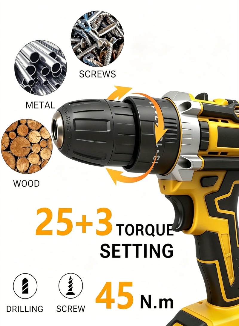 AETHER 48V Cordless Drill, Two Li-Ion Batteries and Fast Charger, 3/8" Drill Kit, 25+3 Position Clutch, LED Work Light, Variable Speed ​​Drill, 186 lbs of Torque, 24 Accessories + 32-Piece Drill Bit Box - Image 5