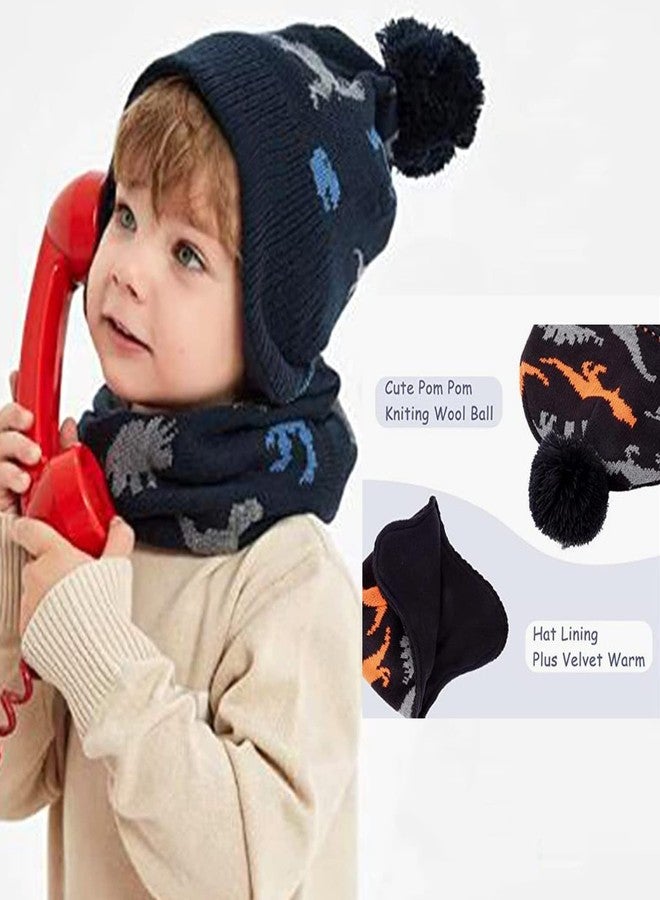 ACTLATI Winter Dinosaur Boy Winter Hat Scarf Mittens Set Warm Beanies Earflap Fleece Pompom Lining Cap for Toddler Kids - Image 3