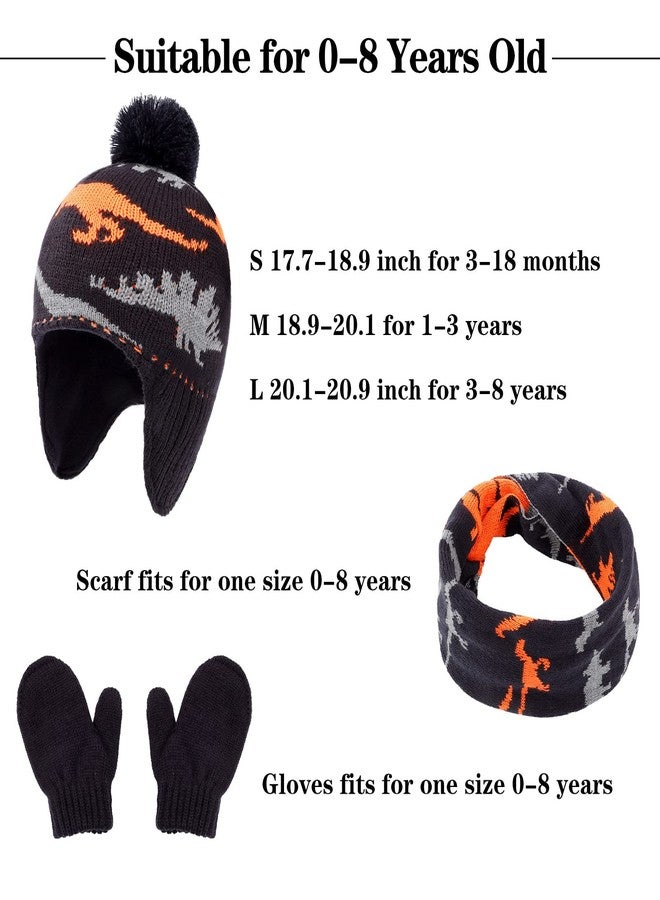 ACTLATI Winter Dinosaur Boy Winter Hat Scarf Mittens Set Warm Beanies Earflap Fleece Pompom Lining Cap for Toddler Kids - Image 2