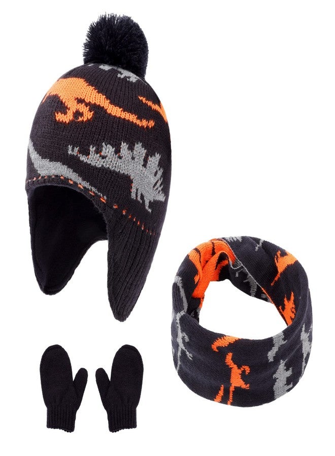 ACTLATI Winter Dinosaur Boy Winter Hat Scarf Mittens Set Warm Beanies Earflap Fleece Pompom Lining Cap for Toddler Kids - Image 1