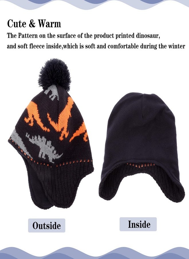 ACTLATI Winter Dinosaur Boy Winter Hat Scarf Mittens Set Warm Beanies Earflap Fleece Pompom Lining Cap for Toddler Kids - Image 4