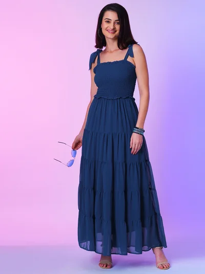 globus Women Blue Shoulder Straps Smocked Georgette Tiered Fit And Flare Maxi Dress