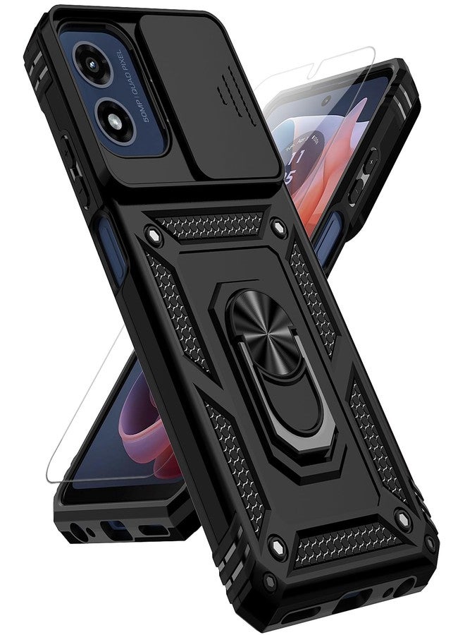 PUSHIMEI for Motorola Moto G 5G 2024 Case with Slide Camera Cover HD Screen Protector [Military Grade Drop Tested] Magnetic Ring Holder Kickstand Protective Phone Case for Motorola Moto G 5G 2024, Black - Image 1
