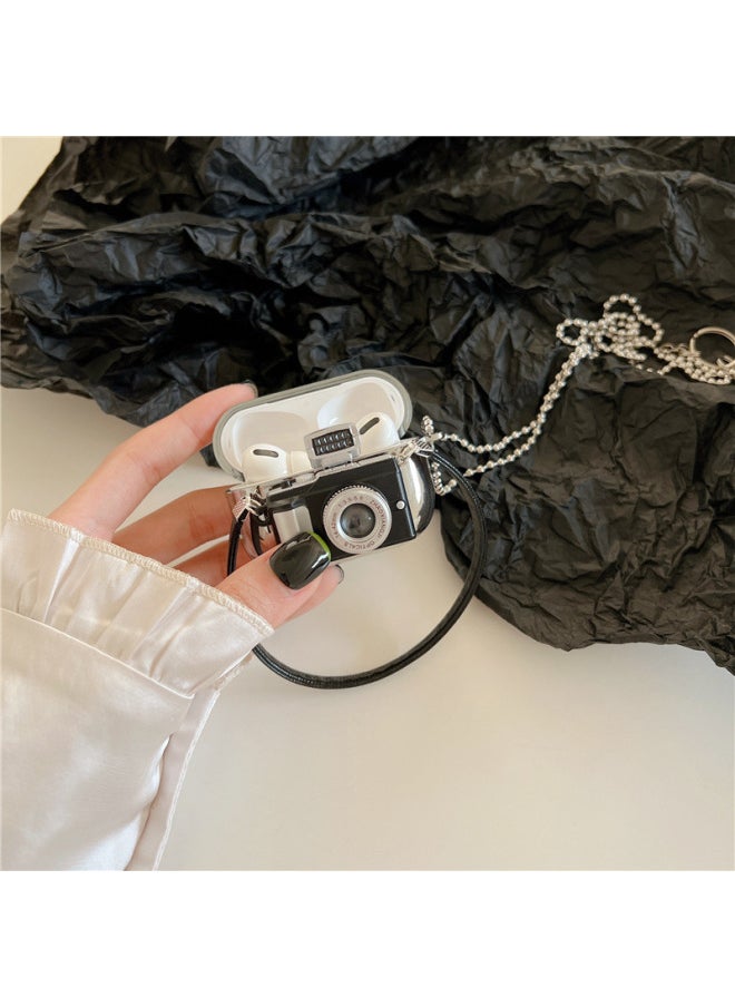 Generic - Three-dimensional Click Camera Suitable For Airpods Protective Cover 2 Creative For Apple Bluetooth 3 Generation Pro Earphone Cover Plating-Color:Electroplated Earphone Cover + Leather Rope + Long Chain Luminous Camera-Applicable Model:AirPods Pro2(2022 Fifth Generation) - Image 1