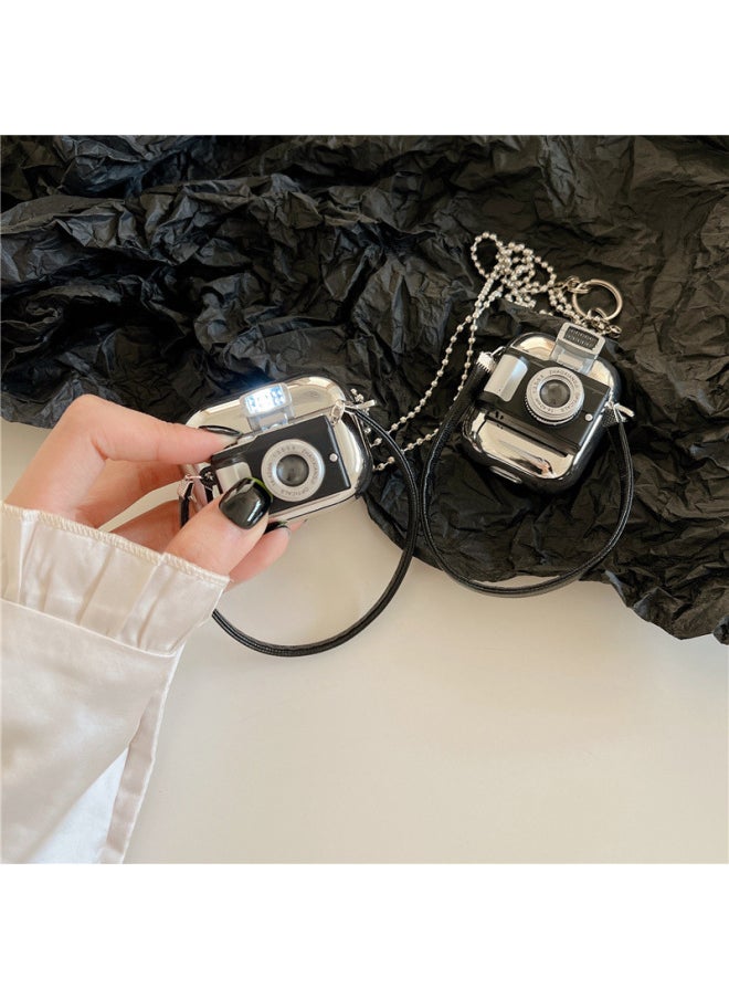 Generic - Three-dimensional Click Camera Suitable For Airpods Protective Cover 2 Creative For Apple Bluetooth 3 Generation Pro Earphone Cover Plating-Color:Electroplated Earphone Cover + Leather Rope + Long Chain Luminous Camera-Applicable Model:AirPods Pro2(2022 Fifth Generation) - Image 1