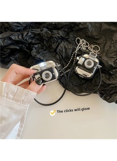 Three-dimensional Click Camera Suitable For Airpods Protective Cover 2 Creative For Apple Bluetooth 3 Generation Pro Earphone Cover Plating-Color:Electroplated Earphone Cover + Leather Rope + Long Chain Luminous Camera-Applicable Model:AirPods Pro2(2022 Fifth Generation)