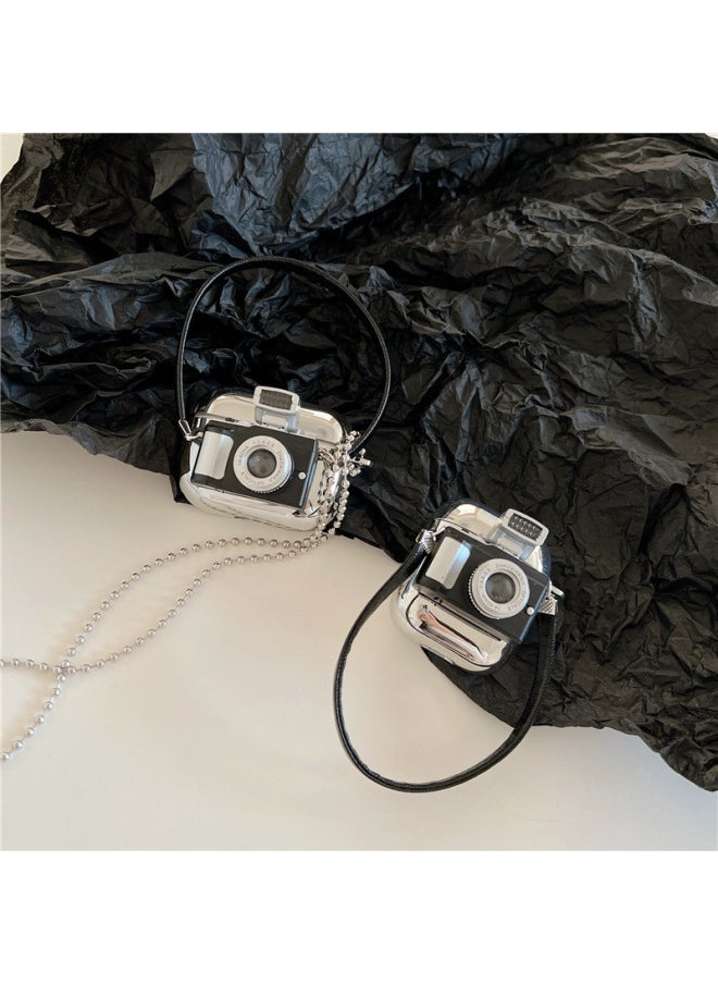 Generic - Three-dimensional Click Camera Suitable For Airpods Protective Cover 2 Creative For Apple Bluetooth 3 Generation Pro Earphone Cover Plating-Color:Electroplated Earphone Cover + Leather Rope + Long Chain Luminous Camera-Applicable Model:AirPods Pro2(2022 Fifth Generation) - Image 1