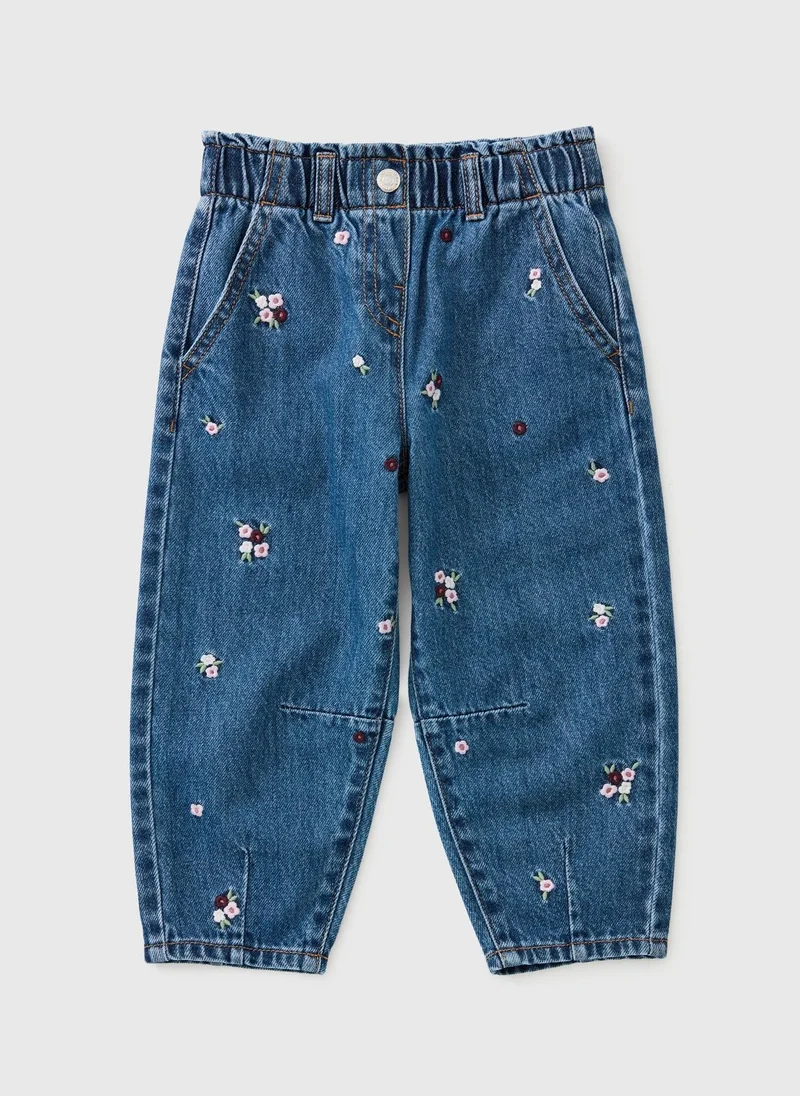 Matalan Girls Mid Wash Floral Barrel Leg Jeans