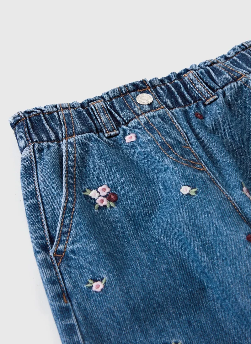 Matalan Girls Mid Wash Floral Barrel Leg Jeans