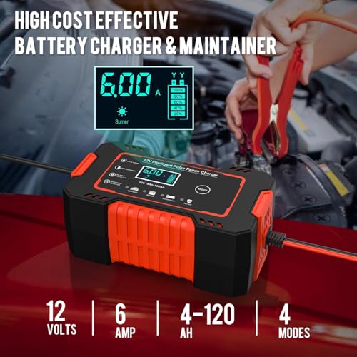 MURCY Car Battery Charger, 12V 6A Smart Battery Trickle Charger Automotive 12V Battery Maintainer Desulfator with Temperature Compensation for Car Truck Motorcycle Lawn Mower Marine Lead Acid Batteries - Image 2