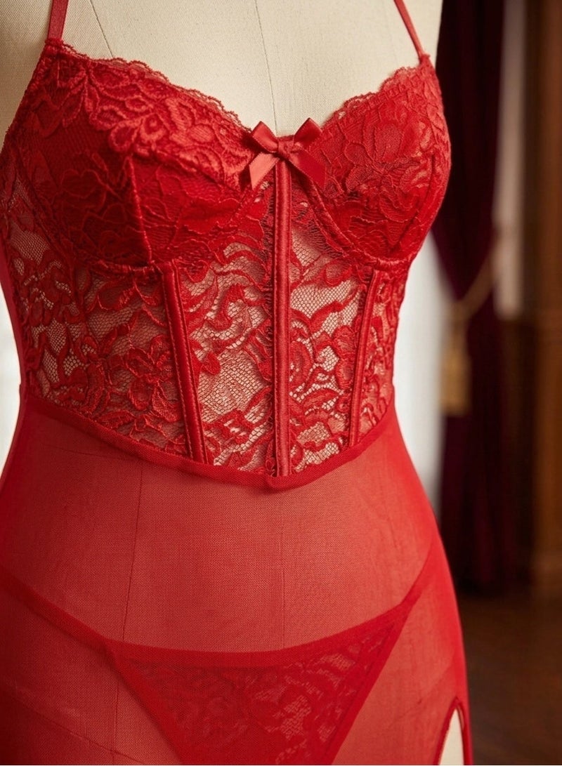 Women's Sheer Mesh Dress with Sweetheart Neckline, Halter Neck, Open Back, High Side Slit, Stretch Baronet Lycra Fabric, Bodycon Fit, Lightweight Comfortable Design, One Size Fits Up to 75 KG, Red - Image 2