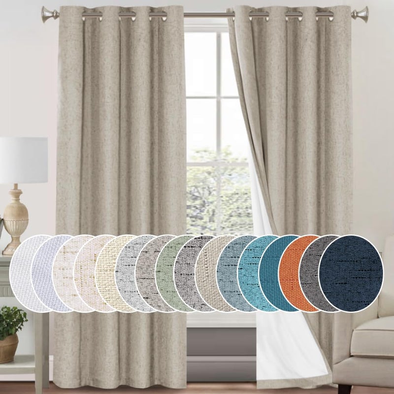 PrinceDeco Linen Blackout Curtains for Bedroom/Living Room 100% Black Out Curtains 96 Inch Long 2 Panels Set Linen Look Room Darkening Thermal curtains with White Liner Backing for Nursery Decor,Stone - Image 1