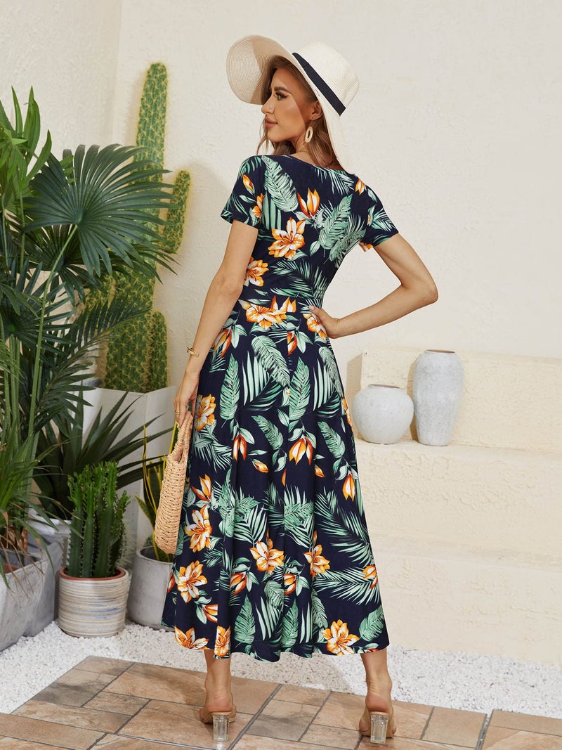 HUHOT Beach Dress Maxi with Pockets Hawaiian Long Dresses for Women Vachation Tropical Resort Wear Green Flowy 2025 - Image 3