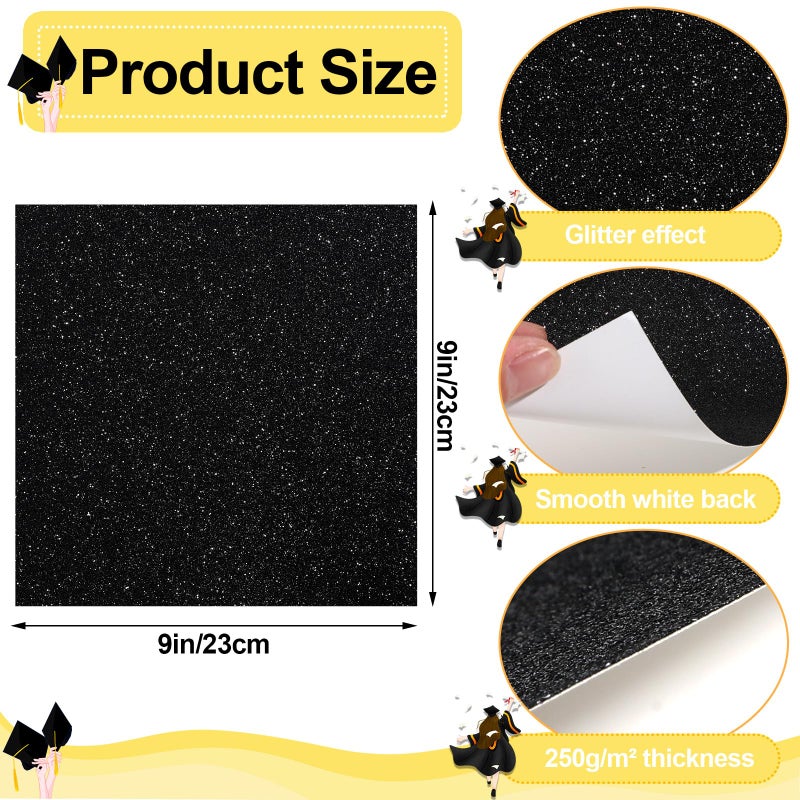 UPINS Glitter Heavyweight Premium Construction Paper for Grad Caps, 16 Sheets Graduation Cap Decorations Topper Blank Base Graduation Party Supplies with 64 Adhesive Sticky Dots Black - Image 2