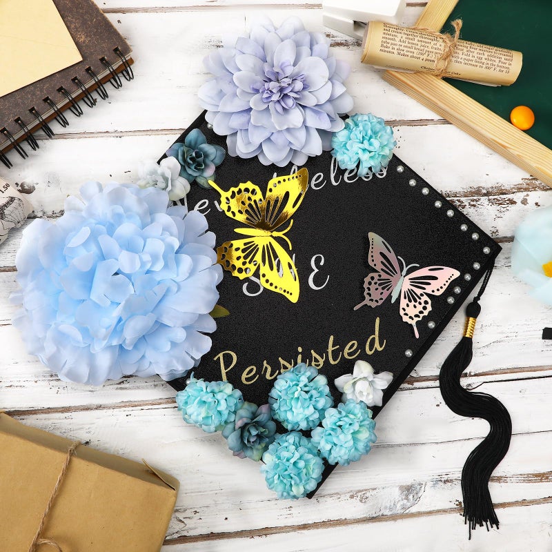 UPINS Glitter Heavyweight Premium Construction Paper for Grad Caps, 16 Sheets Graduation Cap Decorations Topper Blank Base Graduation Party Supplies with 64 Adhesive Sticky Dots Black - Image 5