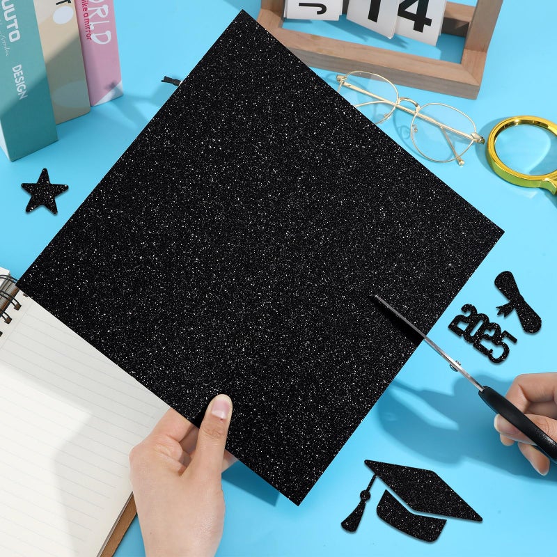 UPINS Glitter Heavyweight Premium Construction Paper for Grad Caps, 16 Sheets Graduation Cap Decorations Topper Blank Base Graduation Party Supplies with 64 Adhesive Sticky Dots Black - Image 3