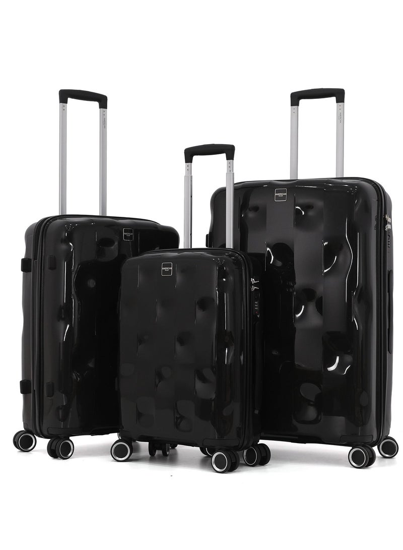 AMERICAN FLYER أمريكان فلاير - مجموعة حقائب دوارة صلبة من 3 قطع - أسود لامع مع تصميم مطب مشبك - Image 1