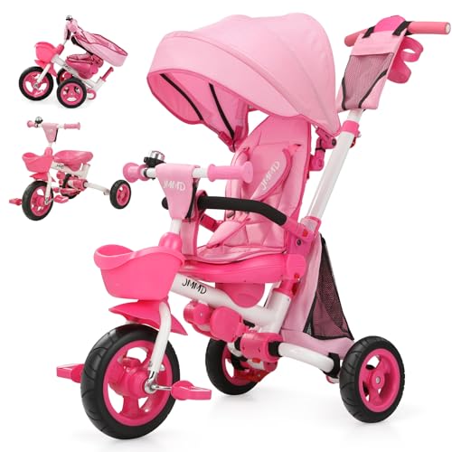JMMD 8 in 1 Tricycle Stroller with Push Handle Foldable Trike with 360 Swivel Seat Reclining Backrest AllTerrain Wheels Dual Brakes Canopy Storage Gift for Kids 18 Months to 5 Years Pink - Image 1