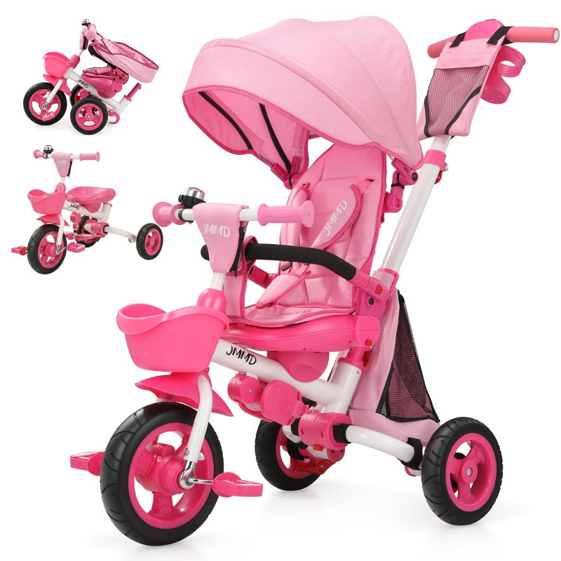 JMMD 8 in 1 Tricycle Stroller with Push Handle Foldable Trike with 360 Swivel Seat Reclining Backrest AllTerrain Wheels Dual Brakes Canopy Storage Gift for Kids 18 Months to 5 Years Pink - Image 2