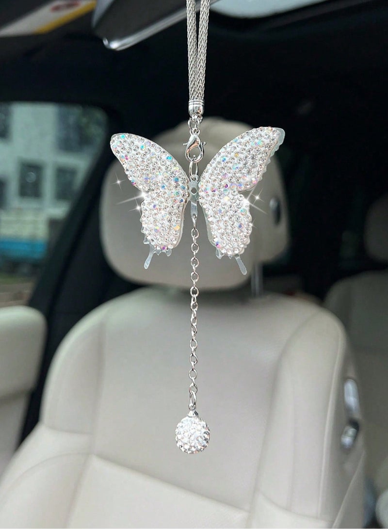 Car Decoration Shiny White erfly Design – Elegant Feminine Car Accessory – Rearview Mirror Hanging Ornament - Image 1