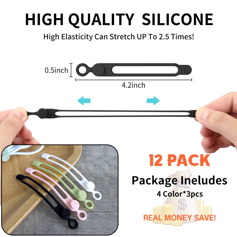 UMUST [12Park]UMUST Silicone Cable Ties, Reusable Cable Management Organizer, Cord Tie,Multipurpose Elastic Cord Organizer for Bundling and Fastening Cable Cords Wires(black,white,pink,green) - Image 2