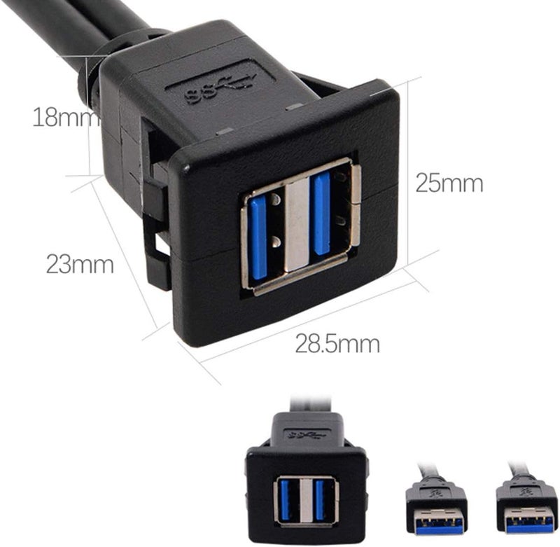 cablecc 1m Waterproof Dual USB 3.0 Extension Latch Mount Car AUX Cable for Dashboard Panel - Image 2