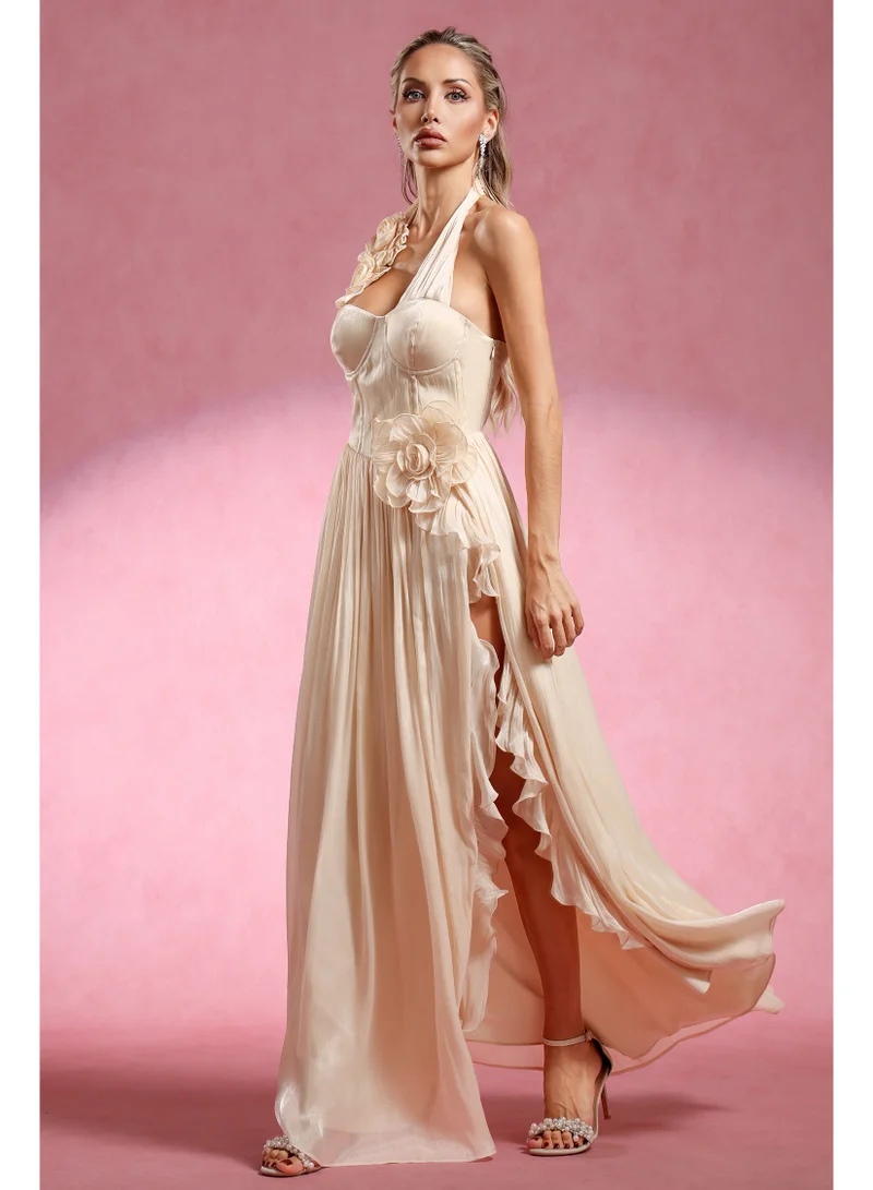 بيلا بارنيت فستان ماكسي بدون أكمام بتصميم هالتر مزين بالزهور وشق جانبي من دافينا